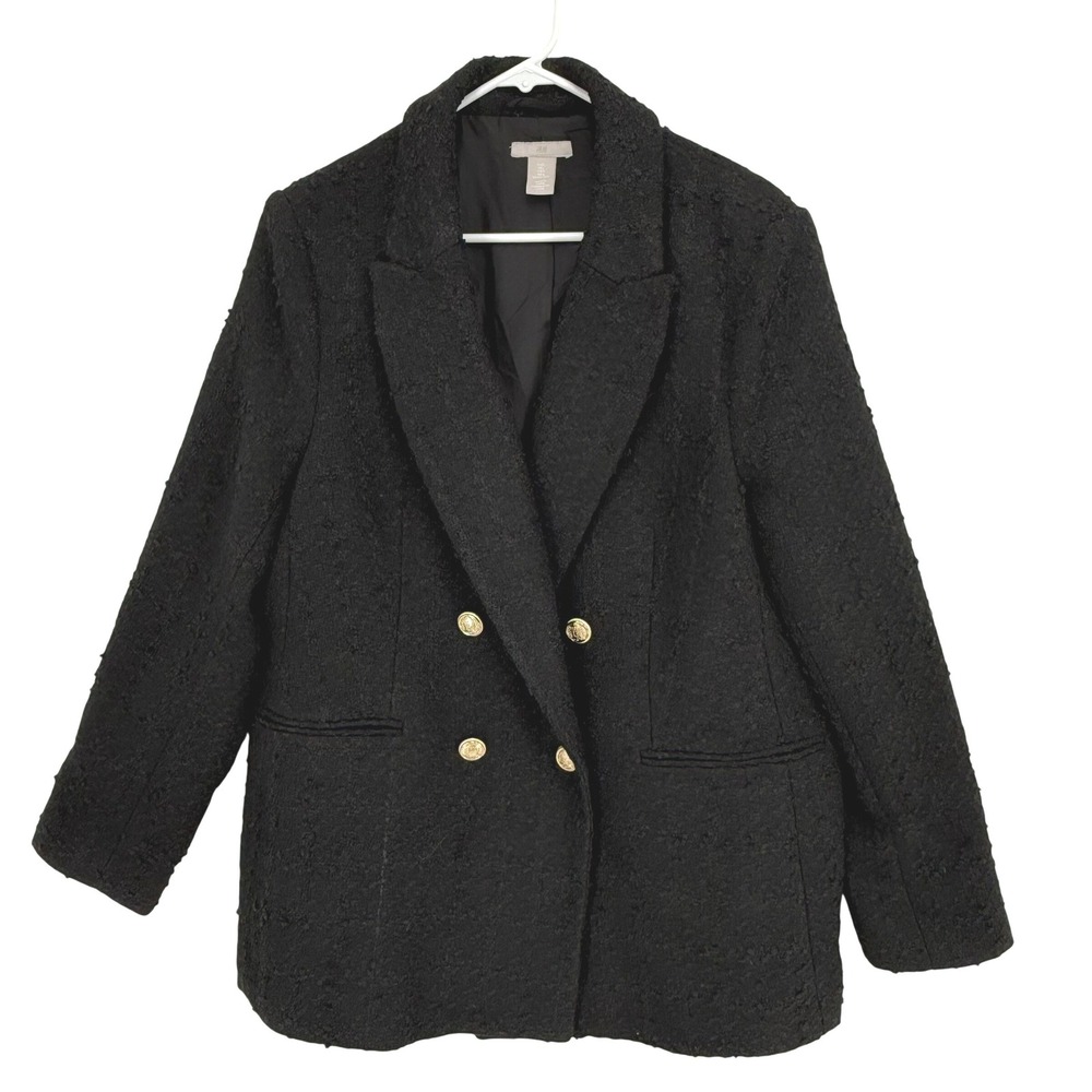 H&M Blazer Womens Large Black Excellent Boucle Double Breasted Gold Button